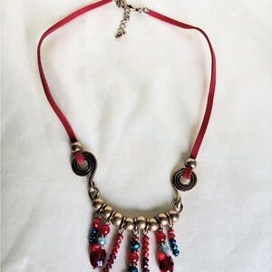 Red Glass & Gold Tone Necklace On Suede Cord Boho Festival Artisan 18”